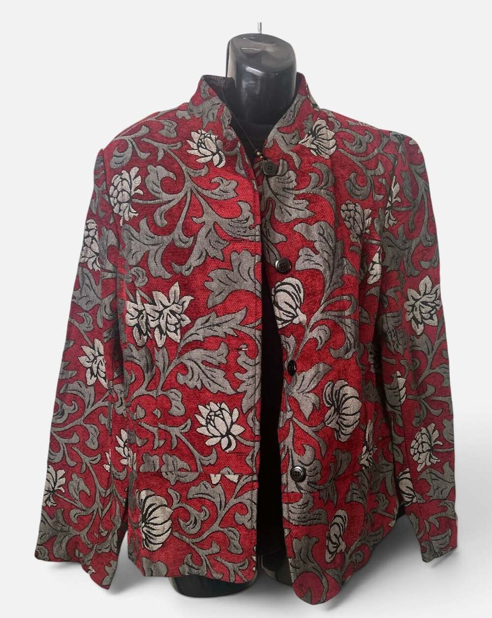 Portrait Women's Red & Silver Floral Tapestry Stand Collar Jacket XL